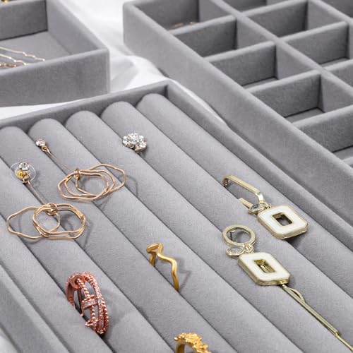 Stackable Jewelry Organizer Trays, 6-Piece Velvet Set, Gray | Removable Dividers, Soft Velvet Lining, Stackable Drawer Trays For Earrings, Rings, Bracelets And Necklaces - color: Gray