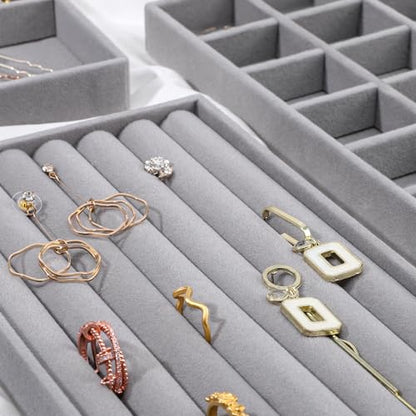 Stackable Jewelry Organizer Trays, 6-Piece Velvet Set, Gray | Removable Dividers, Soft Velvet Lining, Stackable Drawer Trays For Earrings, Rings, Bracelets And Necklaces - color: Gray