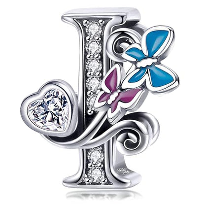 S925 Silver Butterfly Initial Letter Charms Fit for Pandora Charms Bracelets and Necklace Alphabet Bead Charms Jewelry Gifts for Women - color: I