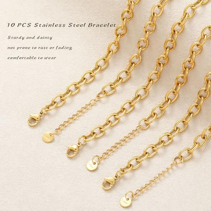 10 PCS Bracelets for Women Stainless Steel Chain Link Bracelet Set | 6.7 Inches with Extender, Jewelry Gifts for DIY, Chains Bulk, Oval, Curb, Figaro Chains, 18K Gold Plated, Silver, Chunky - color: Rolo Gold