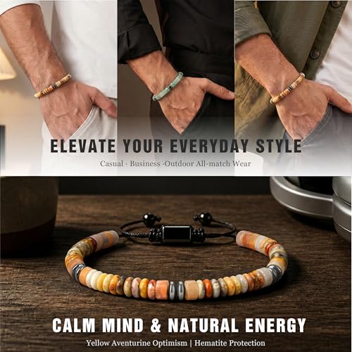 Natural Stone Beaded Bracelet for Men Women Boho Adjustable - color: Yellow Aventurine