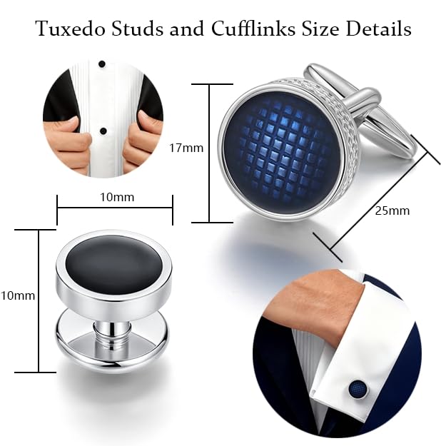 Cuff Links Mens Blue, Cuff Links Mens and Tuxedo Studs Set, Cufflinks for Men Gold Gift Box, Men's Jewelry or Accessories Cufflinks for Suit Shirt Bussiness Wedding Anniversary (Silver)
