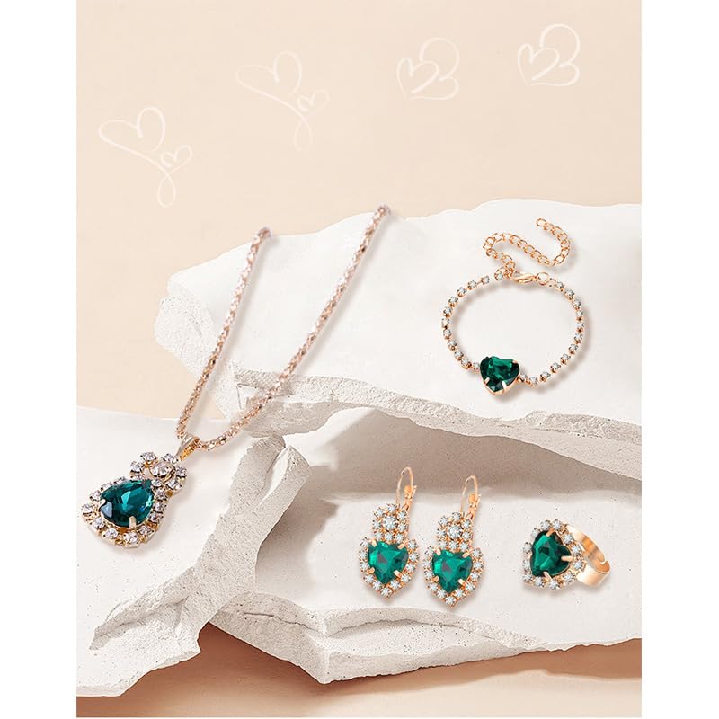 MALOYANVE 4PCS Crystal Heart Jewelry Set Glitter Gold Cubic Zirconia Love Heart Pendant Necklace Lightweight Hoop Earrings Bangle Bracelet Adjustable Open Ring Prom Wedding Jewelry for Women - color: Green