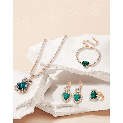 MALOYANVE 4PCS Crystal Heart Jewelry Set Glitter Gold Cubic Zirconia Love Heart Pendant Necklace Lightweight Hoop Earrings Bangle Bracelet Adjustable Open Ring Prom Wedding Jewelry for Women - color: Green