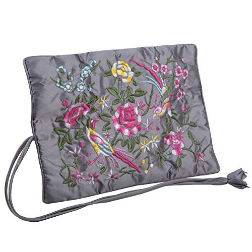 TUMBEELLUWA Embroidery Travel Jewelry Bag Roll Embroidered Flower and Bird Brocade Organizer with Tie Close - color: #2 Grey