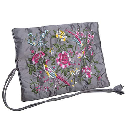 TUMBEELLUWA Embroidery Travel Jewelry Bag Roll Embroidered Flower and Bird Brocade Organizer with Tie Close - color: #2 Grey
