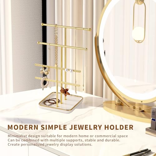 modern T-shaped jewelry rack, jewelry tower, gold metal, square ceramic base decoration display tower, necklace, bracelet, ring storage rack (3-layer ceramic disc) - style: 3-layer ceramic disc
