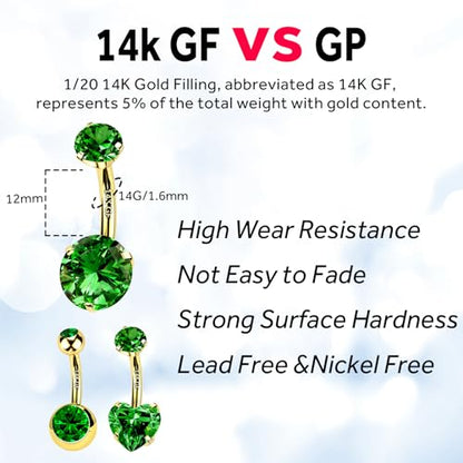 2pcs 14k Gold Filled Belly Button Rings, 14G 8mm/10mm/12mm Threaded Barbell Belly Button Piercing, Navel Ring Piercing Jewelry - color: 14K GF-2pcs-Green Round CZ-12mm