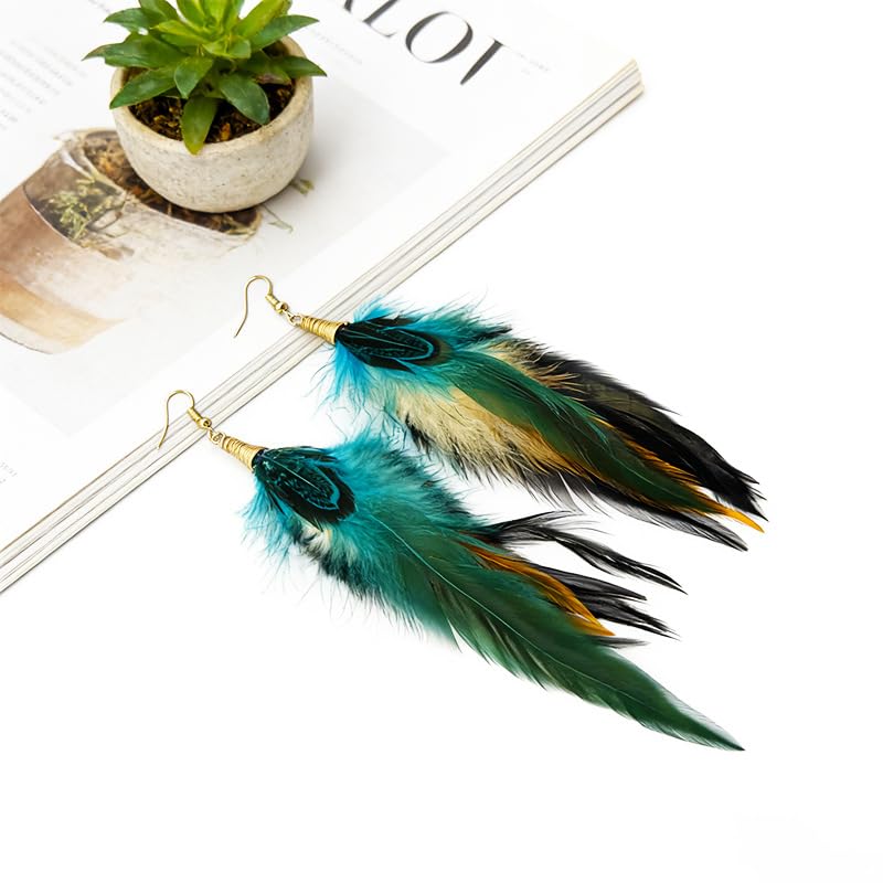 Boho Colorful Feather Dangle Earrings Handmade Beads Taseel Fashion Earrings for Women - color: Peacock Blue