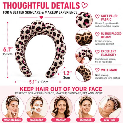 Leopard Spa Headbands for Women Teen Girls, Head Band for Washing your Face, Makeup Hair Band for Washing Face，Puffy Makeup Washing, Mask, Thick Padded Terry Cloth Hair Accessories (Classic & Pink)