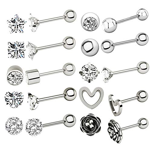 10 Pairs 16g Ear Cartilage Helix Surgical Stainless Steel Cubic Zirconia Stud Cartilage Earrings Huggie Screw Backs Ear Tragus Auricle Cute Love Heart Flower Barbell Piercing Set 4mm - color: Silver