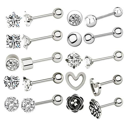 10 Pairs 16g Ear Cartilage Helix Surgical Stainless Steel Cubic Zirconia Stud Cartilage Earrings Huggie Screw Backs Ear Tragus Auricle Cute Love Heart Flower Barbell Piercing Set 4mm - color: Silver