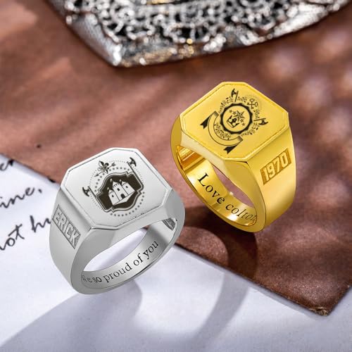 callie Custom Signet Ring - Engraved Text & Photo, Personalized Family Crest Coat Of Arms Rings, 925 Sterling Silver/Brass | Father's Day Jewelry Gifts for Men & Women - color: Square