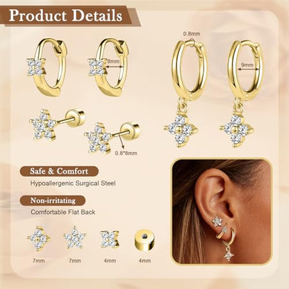 14K Gold Hoop Dangle Stud Earrings Surgical Steel Helix Piercing | Hypoallergenic,Cubic Zirconia,3 Pairs Huggie Hoop Set for Women,Dangle Stud,Cartilage Tragus Conch Earring,Jewelry Gift - color: A2-Gold Clover CZ