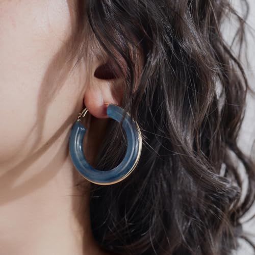 Chunky Gold Resin Hoop Earrings Leverback Statement Huggie Hoops Dangle Drop Dressy Earring Prom Festival Vacation Jewelry for Women - color: Royal Blue, size: Hoop