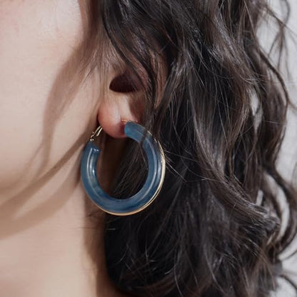 Chunky Gold Resin Hoop Earrings Leverback Statement Huggie Hoops Dangle Drop Dressy Earring Prom Festival Vacation Jewelry for Women - color: Royal Blue, size: Hoop