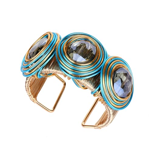 Chunky Gold Cuff Bracelets for Women Stack Silver Bracelet Vintage Bohemian Indian Bangles for Women Adjustable Open Wide Gold Bangle Bracelet Trendy Statement Jewelry - style: METALLIC FINISH SPIRALS THREE BLUE GLASSSTONE