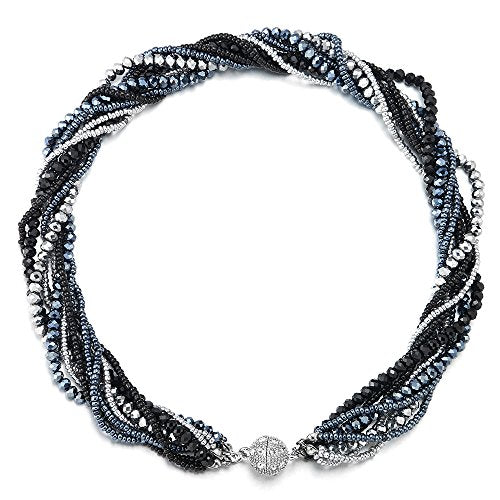COOLSTEELANDBEYOND Multi-Layer Beads Crystal Braided Chain Choker Collar Magnetic Clasp,Statement Necklace, Bracelet - color: O1-Necklace Colorful Color-01