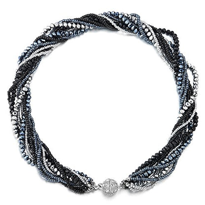 COOLSTEELANDBEYOND Multi-Layer Beads Crystal Braided Chain Choker Collar Magnetic Clasp,Statement Necklace, Bracelet - color: O1-Necklace Colorful Color-01