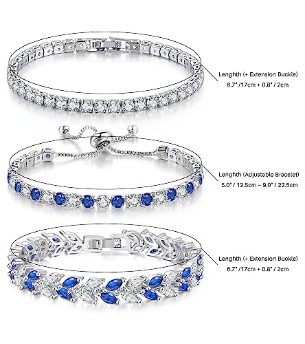 GEMOSA 3 Pcs Tennis Bracelets for Women Silver Gold Bule CZ Braclet Set | Marquise Cubic Zirconia CZ Diamond, Dainty Adjustable Silver Gold Bule Bracelets, for Women Brides, Stackable Fashion Jewelry - color: Silver-Bule CZ