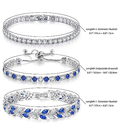 GEMOSA 3 Pcs Tennis Bracelets for Women Silver Gold Bule CZ Braclet Set | Marquise Cubic Zirconia CZ Diamond, Dainty Adjustable Silver Gold Bule Bracelets, for Women Brides, Stackable Fashion Jewelry - color: Silver-Bule CZ