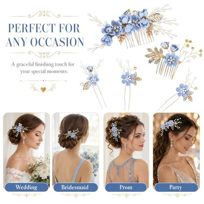 5 Pcs Blue Bridal Hair Comb and Hair Pins Set, Flower Wedding Hair Accessories with Rhinestones Pearls for Bride Bridesmaids Prom Party