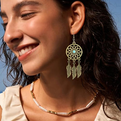 Blue Turquoise Dream Catcher Feather Earrings for Women Vintage Bohemian Western Jewelry - style: Gold Sunflower