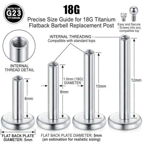 DJCIW G23 Titanium 18G Internally Threaded Flat Back Labret Post Only, 6-12mm Replacement Piercing Shaft for Helix Tragus Nose Lip - color: silver-18G=1.0*6/8/10/12mm