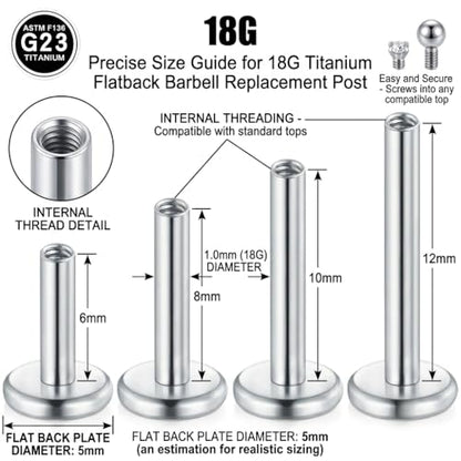 DJCIW G23 Titanium 18G Internally Threaded Flat Back Labret Post Only, 6-12mm Replacement Piercing Shaft for Helix Tragus Nose Lip - color: silver-18G=1.0*6/8/10/12mm