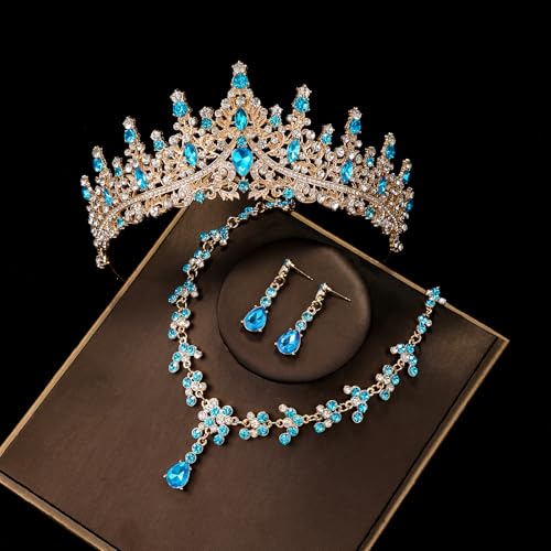 Crystal Crown and Tiara Jewelry Set for Women Bride with Necklace Earrings | Metal Rhinestone Royal Queen Princess Jewelry Set Wedding Quinceanera Pageant Prom Birthday Halloween Party Costume Gift - color: Style E-Light Blue