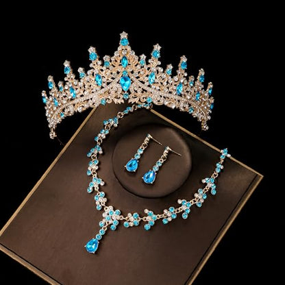 Crystal Crown and Tiara Jewelry Set for Women Bride with Necklace Earrings | Metal Rhinestone Royal Queen Princess Jewelry Set Wedding Quinceanera Pageant Prom Birthday Halloween Party Costume Gift - color: Style E-Light Blue