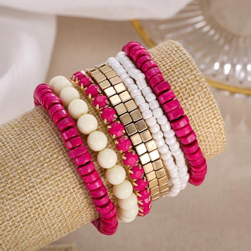LUREME Boho Multi Strand Stackable Stretch Bracelet Set Wooden Cube Alloy Bead Bangle bl003172 - color: Fushia