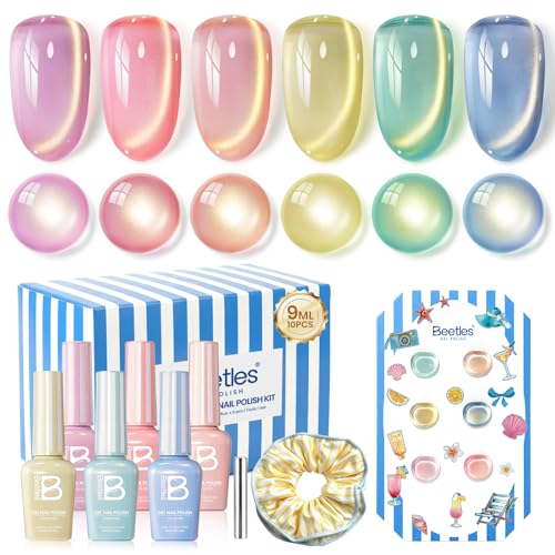 Beetles Cat Eye Gel Nail Polish Set, Saltmist Sunset 9ML 6 Colors Gel | Glitter Gel Nail Kit Yellow Blue Green Pink Purple Soak Off UV Salon DIY at Home Manicure Gift for Women - color: Saltmist Sunset