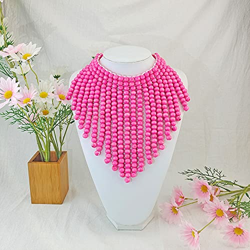 Coiris Boho African Wooden or Acrylic Beaded Bib Statement Necklace Strands Layered Cluster Chunky Collar Choker Wood Necklace for Women Fashion Costume Jewelry - color: Pink