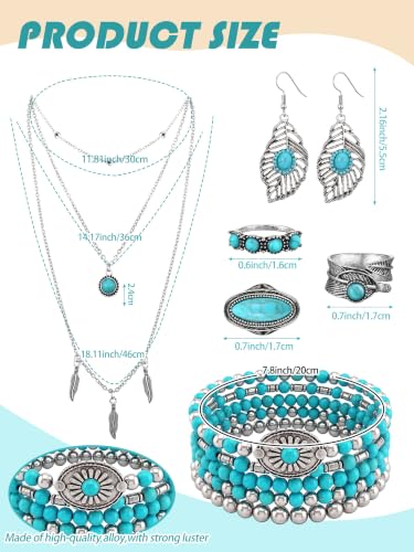 Ecally Bohemian Western Jewelry Turquoise Set Women Country Pendant Long Choker Layered Bracelets Earrings Ring for Women - color: Turquoise, style: Modish