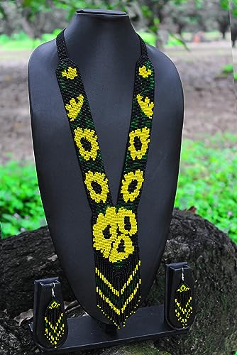 Long Beaded Necklace – Boho Native Handmade Seed Bead Tassel Necklace, Bohemian Large Statement Beaded Necklace for Women - color: Black/Yellow