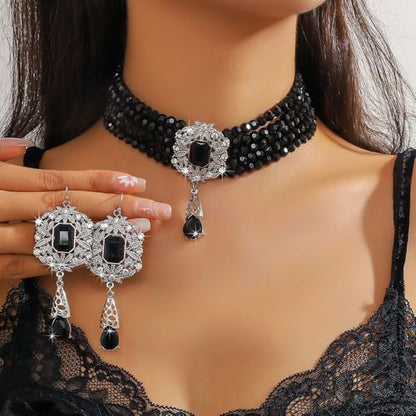 Missgrace Women Silver Black Green Red Rhinestone Crystal Tassels Bridal Necklace Earrings Sets Teardrop Necklace Dangle Earrings Set for Wedding Brides Bridesmaid - color: Silver Black