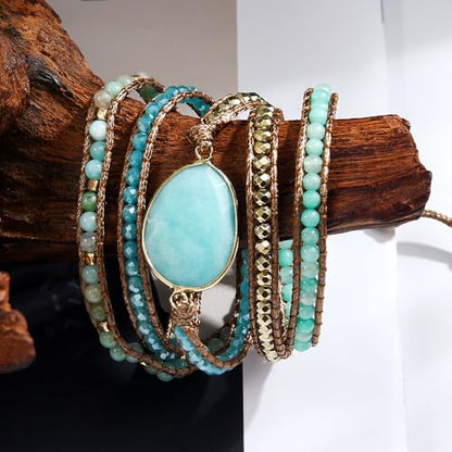 Women Wrap Bracelet Boho Natural Jasper Crystal Stone Beads Strand Bracelets - color: Style 05-Amazonite #2