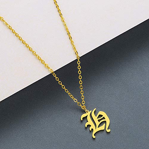 Women's Old English Initial Necklace 18K Gold Plated Stainless Steel Letter Pendant Gift - style: H