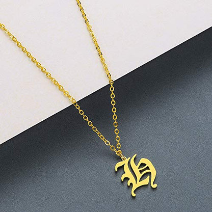 Women's Old English Initial Necklace 18K Gold Plated Stainless Steel Letter Pendant Gift - style: H