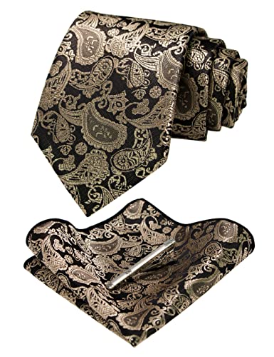 JEMYGINS Mens Solid Color Paisley Necktie and Pocket Square with Tie Clip Sets - color: Champagne Black