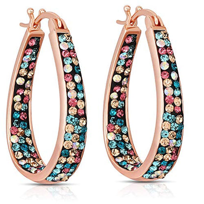 Savlano Inside Out Oval Shape Crystal Hoop Earrings For Women Comes With Savlano Gift Box - color: Rose Gold Multicolor
