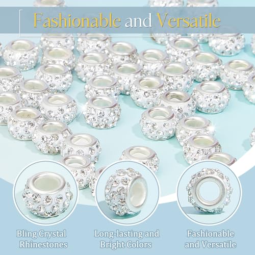 Junkin 120 Pcs Large Hole Beads 11 mm European Crystal Charm Spacer Rhinestone Colorful European Beads for Pens Making Bulk Beadable Pens Jewelry Making Supplies DIY Crafts Bracelet(Clear White) - color: Clear White