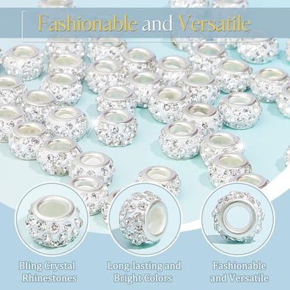 Junkin 120 Pcs Large Hole Beads 11 mm European Crystal Charm Spacer Rhinestone Colorful European Beads for Pens Making Bulk Beadable Pens Jewelry Making Supplies DIY Crafts Bracelet(Clear White) - color: Clear White