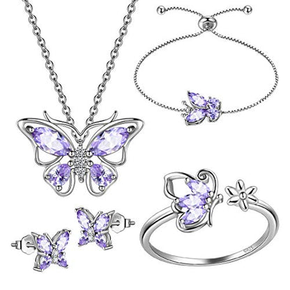 925 Sterling Silver Birthstone Butterfly Jewelry Women Crystal Animal Cute Butterflies Birthday Necklace/Earring/Ring/Bracelet Sets Birth Stone Statement Anniversary Jewellery - color: 3-F.June-Alexandrite