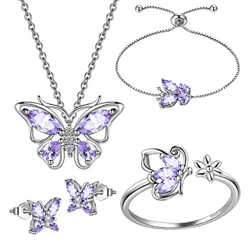 925 Sterling Silver Birthstone Butterfly Jewelry Women Crystal Animal Cute Butterflies Birthday Necklace/Earring/Ring/Bracelet Sets Birth Stone Statement Anniversary Jewellery - color: 3-F.June-Alexandrite