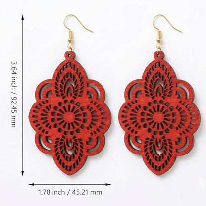 Boho Black Filigree Dangle Earrings for Women, Lightweight Hollow Lace Drop, Wood, 3.34" x 1.69", Bohemian Jewelry - color: Red