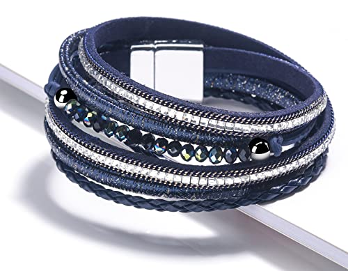 Fesciory Leather Wrap Bracelet for Women, Boho Western Layered Cuff Jewelry | Stackable Bracelets, Easy-On Clasp, Daily Wear, Pairs with Boho Western Outfits, Gift for Women - color: Blue1