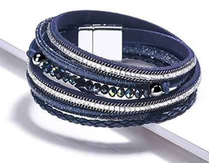 Fesciory Leather Wrap Bracelet for Women, Boho Western Layered Cuff Jewelry | Stackable Bracelets, Easy-On Clasp, Daily Wear, Pairs with Boho Western Outfits, Gift for Women - color: Blue1