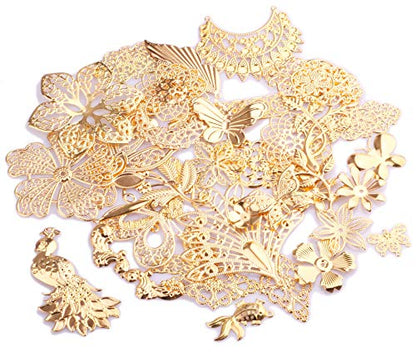 100g Gold Filigree Connectors Charms Pendants Findings Iron Metal Embellishments for DIY Hairpin Headwear Earring Jewelry Making, Nickel Free (Gold) - color: Gold